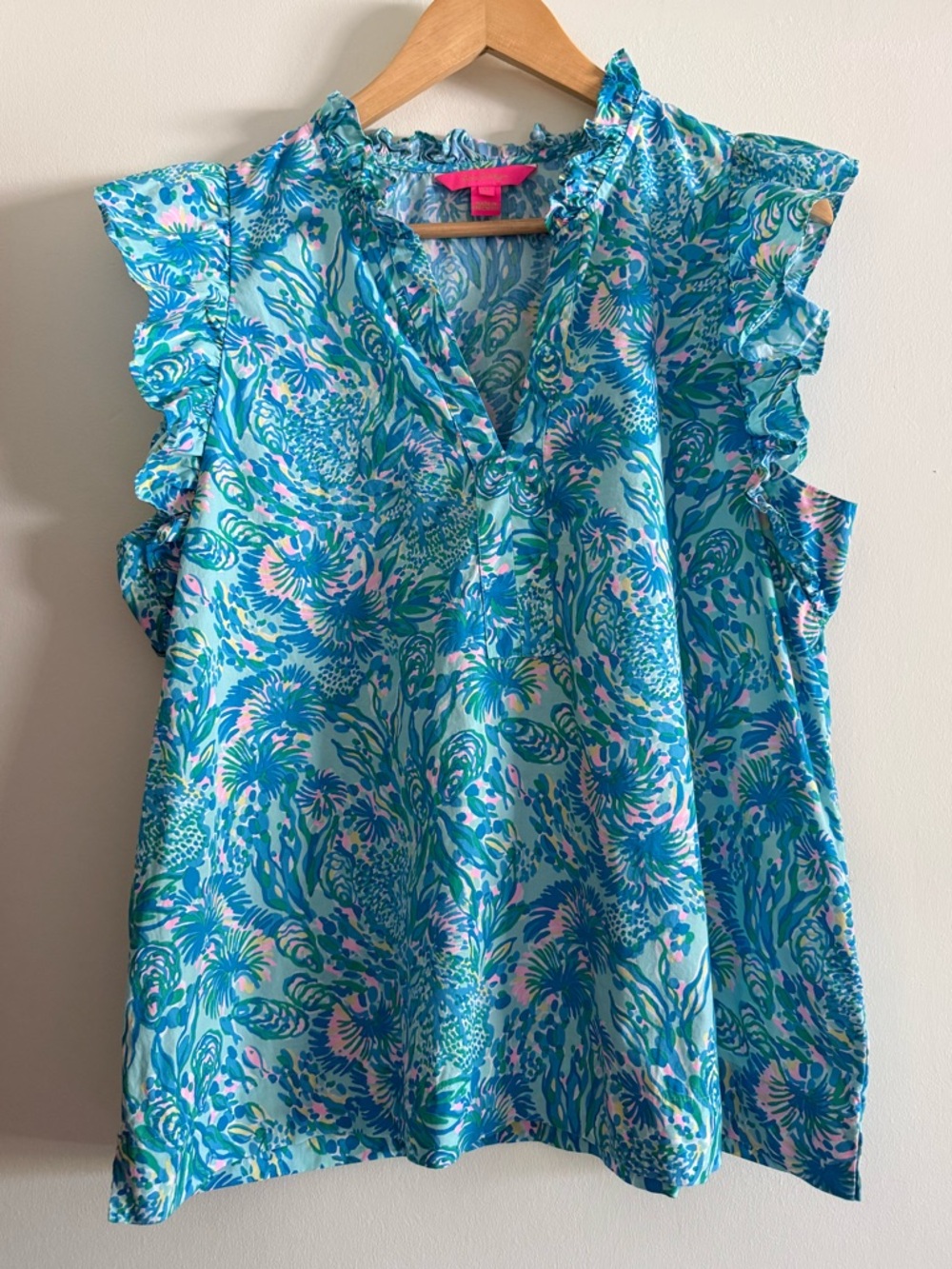 Lilly Pulitzer Klaudie Ruffle Sleeve Top Surf Blue Coral of the Story Preppy XL